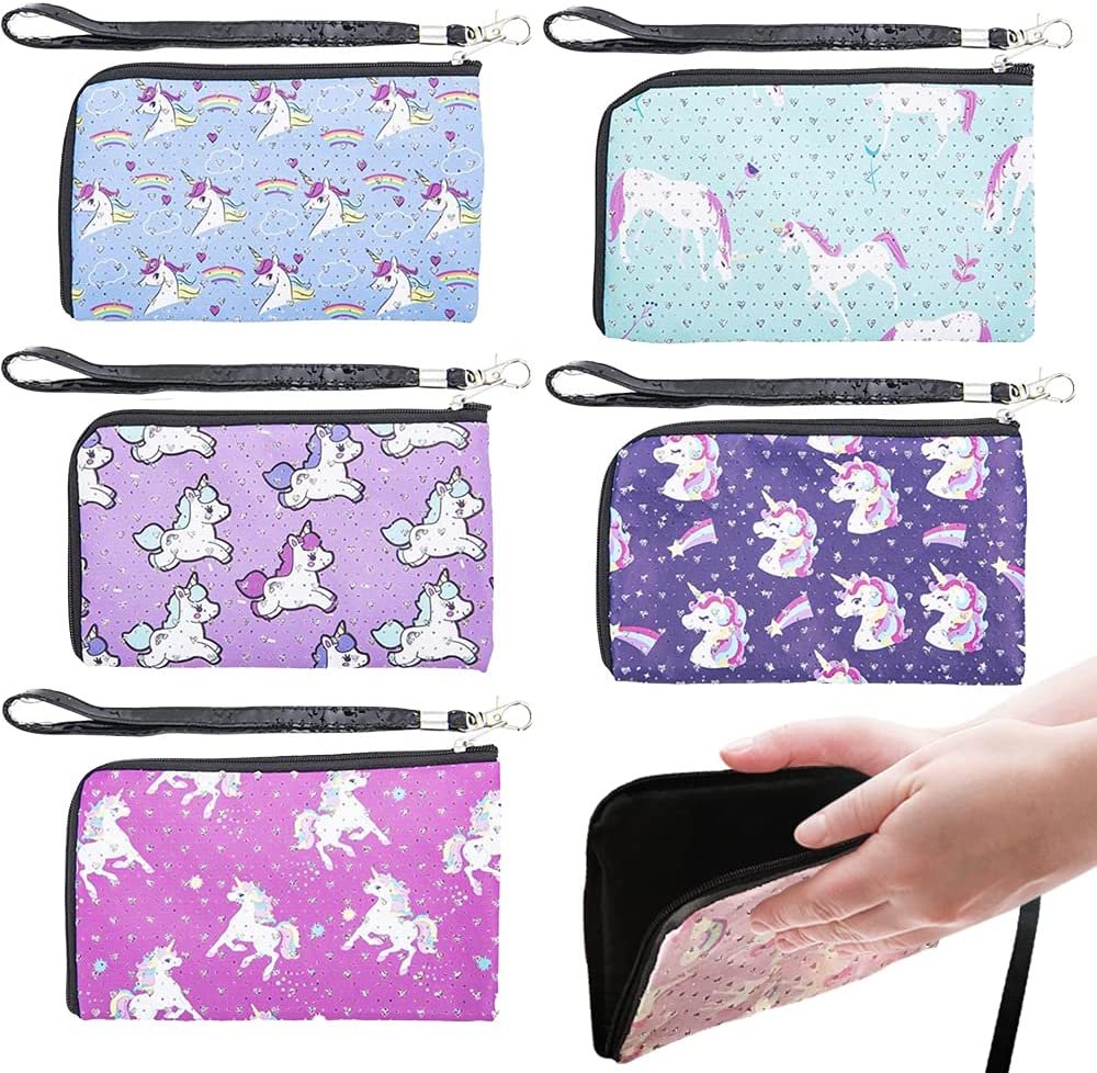 Unicorn Wristlets for Kids, Set of 6, Cute Unicorn Wrist Bags with Strap and Zipper, Unicorn Gifts for Girls, Princess Party Supplies, Birthday Party Favors and Goodie Bag Fillers