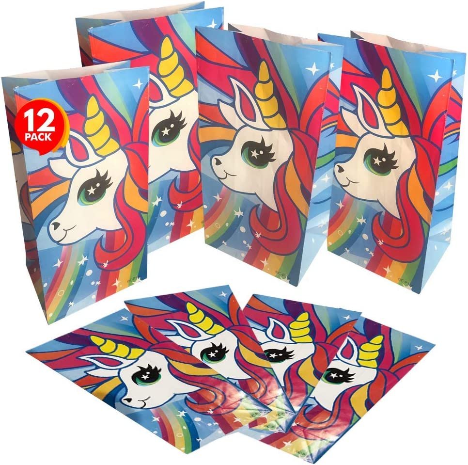Unicorn Party Favor Bags, Pack of 12, Unicorn Themed Goodie Gift Paper Bags, Durable Treat Bags, Unicorn Party Supplies and Favors for Birthday, Baby Shower, Holiday Goodies