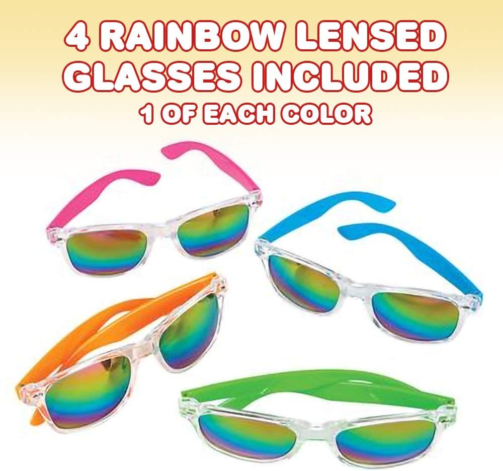 Rainbow Lens Sunglasses, Set of 4, Cool Shades with Rainbow Lenses and Bright Assorted Colored Frames, Fun Fashionable Party Favors for Kids, Great Gift Idea for Boys and Girls