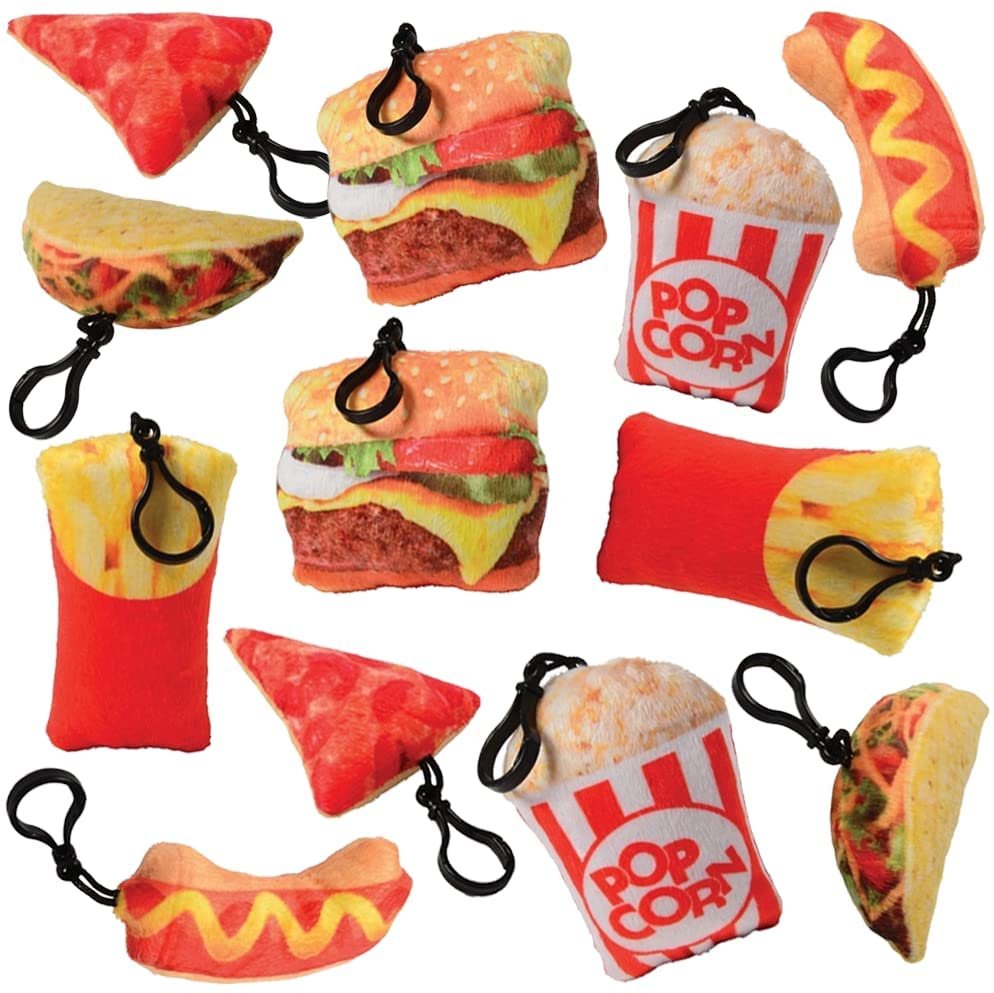 Plush Fast Food on Clips, Set of 12, Backpack Clips for Kids in Assorted Colorful Designs, Fast Food Plush Toys for Decoration and Imaginative Play, Kids Goodie Bag Stuffers and Favors