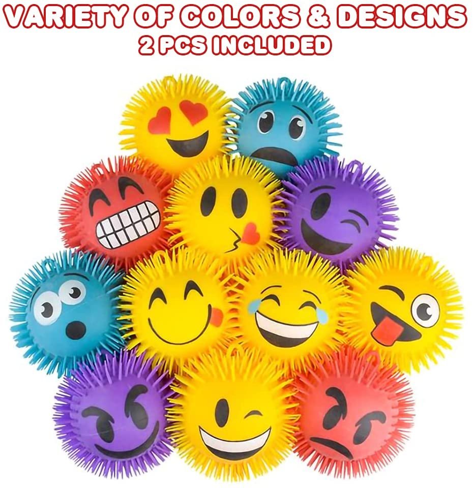 Emoticon Puffer Ball, Set of 2, Fidget Toys for Kids and Adults with Stretchy Rubber Bristles, Calming Stress Relief Toys for Sensory Play, Loop for Hanging or Display, 7.5"es
