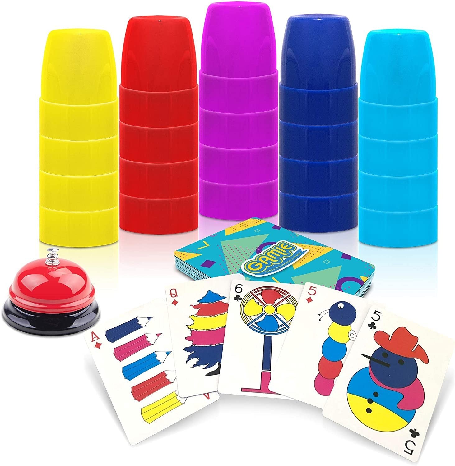 Gamie Stacking Cups Game - with 54 Challenges, 20 Stacking Cups, Bell and Instruction Sheet - Educational Color and Shape Matching Game - Classic Quick Stacks Set for Boys, Girls, Teens, Adults
