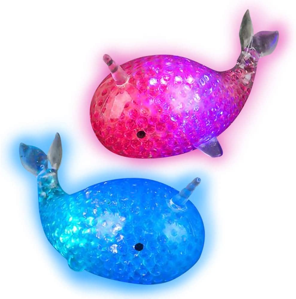 Light Up Squeezy Bead Narwhals, Set of 3, Flashing Squeezing Stress Relief Toys Filled with Water Beads, Calming Sensory Toys for Autism, ADHD, Fun Party Favors for Kids