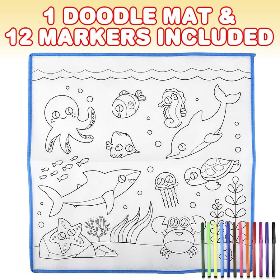 Aquatic Doodle Mat with 12 Markers, Washable Doodle Mat for Kids with Sea Creature Outlines, Reusable Coloring Mat for Kids, Doodle Play Mat for Hours of Fun, 19.5 x 19.5"es