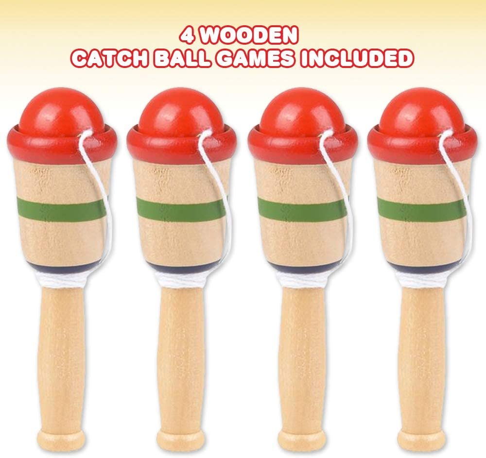 Mini Wooden Catch Ball Game, Set of 4, Vintage Catch Toys for Kids, Wood Design, Indoor and Outdoor Games for Backyard, Park, and Beach Fun, Best Gift Idea