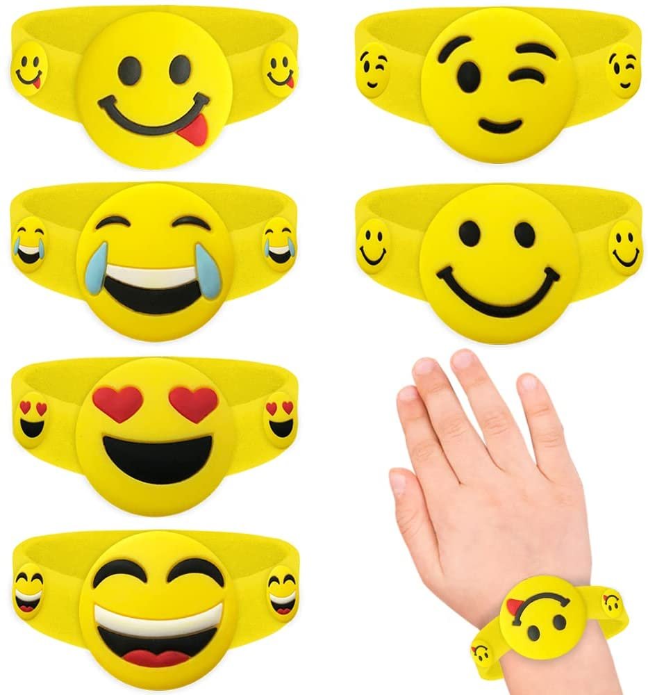 Emoticon Bracelets for Kids, Set of 6, Emoticon Accessories in 6 Fun Designs, Emoticon Party Favors and Goodie Bag Stuffers, Great as Pinata Stuffers, Classroom Prizes, and Treasure Box Toys