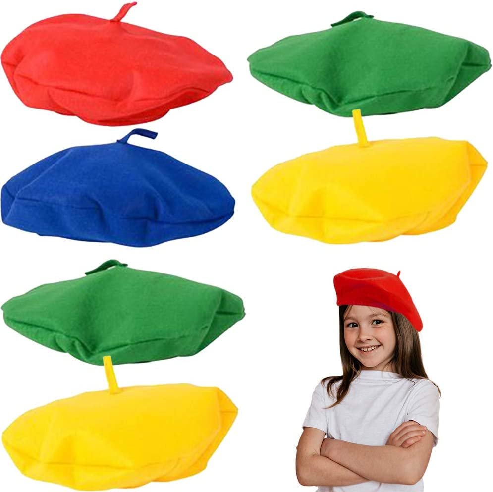Color Berets for Kids and Adults, Set of 12, French Hats with Velvety Textured Fabric, Painter Costume Prop for Halloween, Dress Up Parties, and Photo Booth, 4 Colors