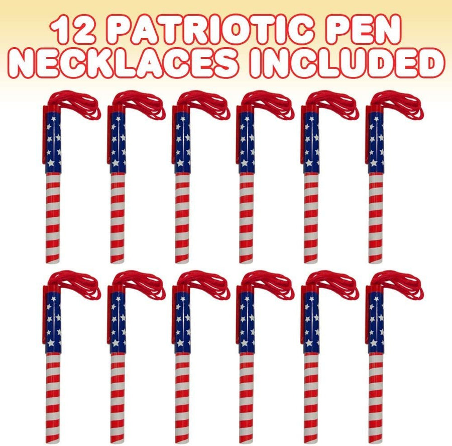 Patriotic Pen Necklaces, Pack of 12, July 4th Party Favors, Red, White and Blue Patriotic Accessories with Stars and Stripes, Back to School and Office Supplies for Kids and Adults