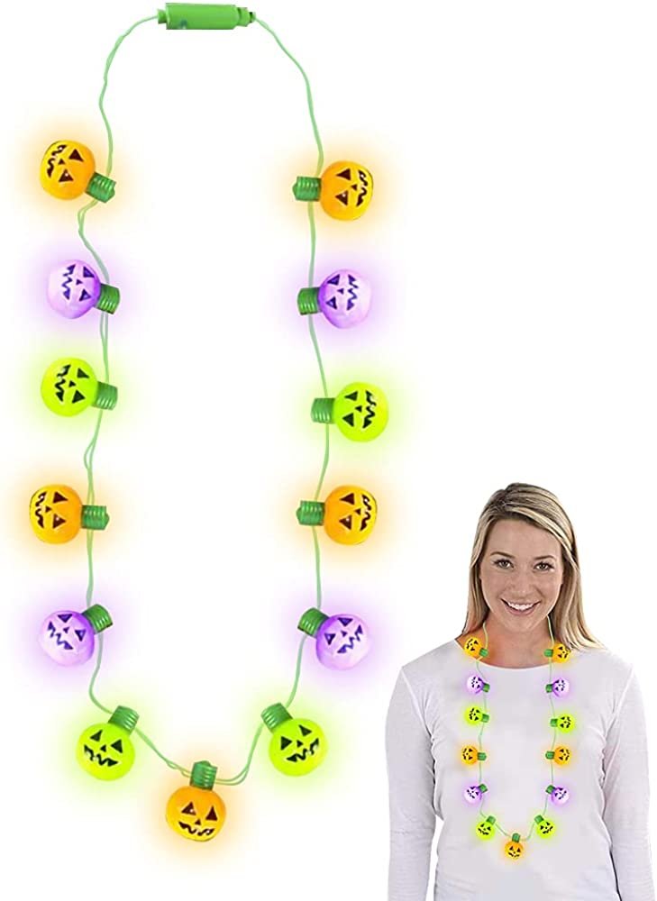 Light-Up Jack-O-Lantern Necklace with Multi-Mode Flashing LEDs, Halloween Party Favors, Halloween Party Accessories for Women, Men, and Kids, Great Gift Idea, Stocking Stuffer