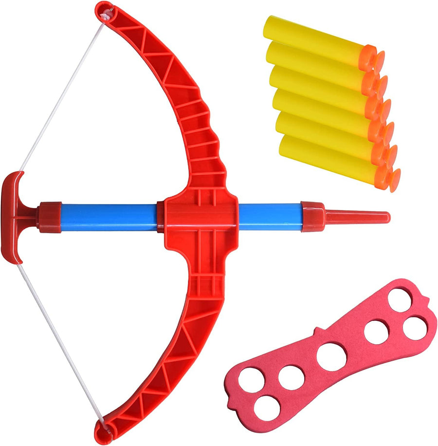 Red Super Bow & Arrow Shooter Set, Includes Air-Powered Bow, Barrel, Six Soft Foam Darts, Comes in Blister Card Packaging, Sports Toy for Kids
