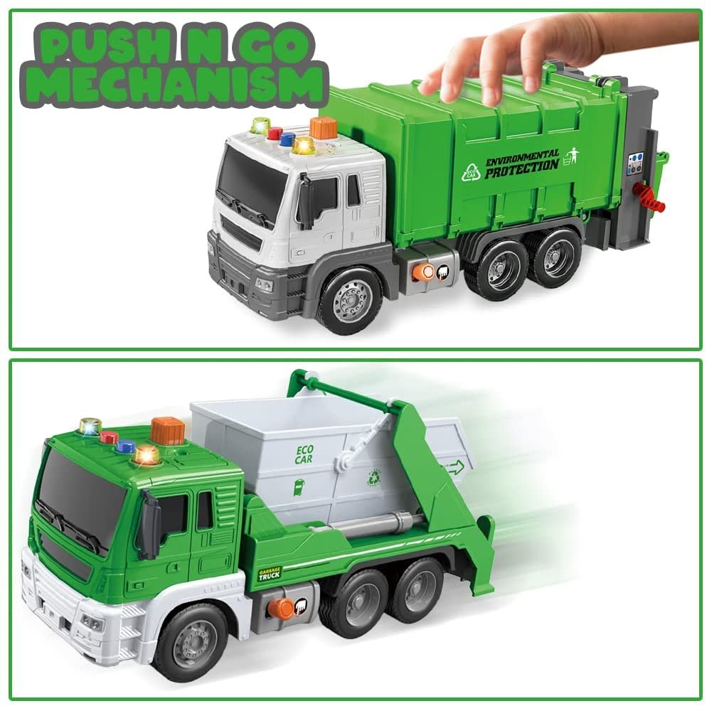 Sanitation Trucks Set, Pack of 2, Light Up Garbage Trucks for Boys and Girls with Movable Parts, Sound, and LEDs, Push and Go Toy Sanitation Truck Set, Car Toys for Kids Ages 3 and Up