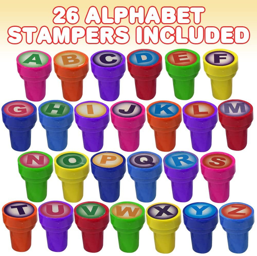 Alphabet Stampers for Kids, Set of 26, Self-Inking Stamps with Blue Ink, Alphabet Learning Toys with Brightly Colored Cases, Arts and Crafts Supplies for Boys and Girls, Great Gift Idea