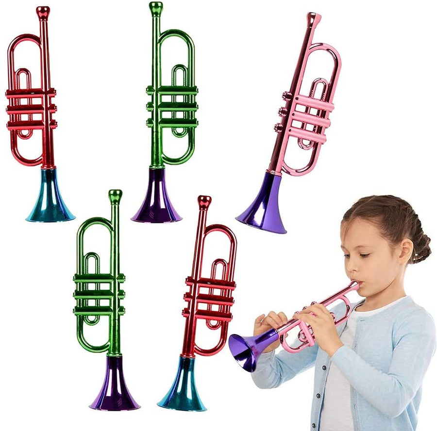 13" Metallic Trumpets, Set of 5, Fun Plastic Musical Instruments Noise Makers for Parties and Events, Music Toys for Kids, Cool Birthday Party Favors for Boys and Girls