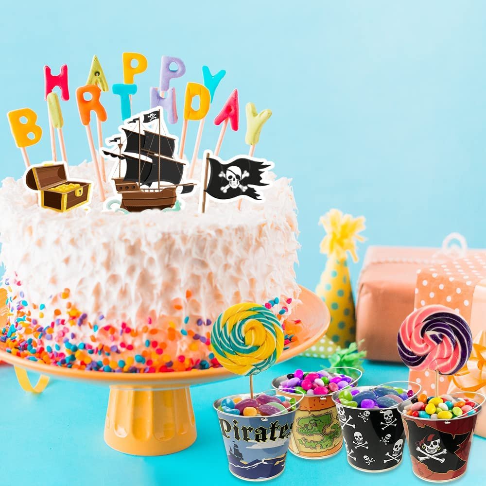 Mini Pirate Buckets, Set of 12, Pirate Party Supplies for Holding Favors, Includes 4 Eye-Catching Styles, Great as Pirate Party Decorations, Trick or Treat Giveaways, and Party Favors