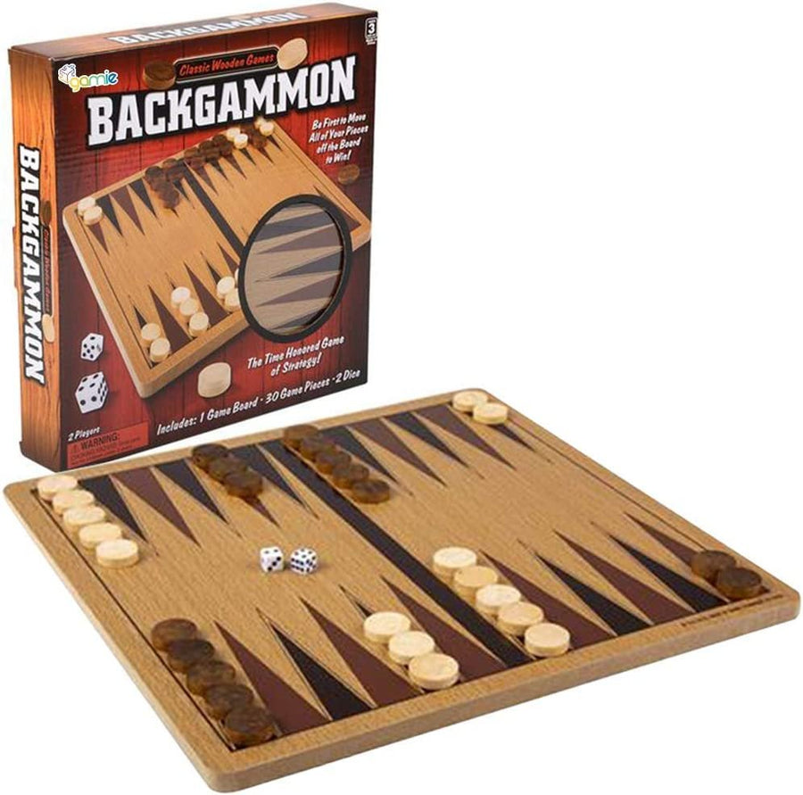 Gamie Wooden Backgammon Board Game Set, Includes Wood Board, 30 Game Pieces, and 2 Mini Dice, Classic Family Night Strategy Game, Great Gift for Kids and Adults