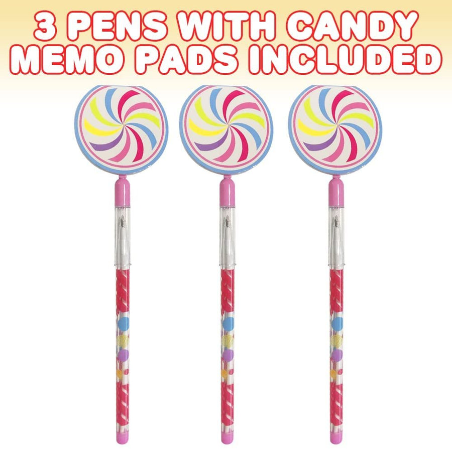 Pens for Kids with Candy Memo Pads, Set of 3, Lollipop Shaped Stationery for Kids, Great as Stocking Stuffers, Goodie Bag Fillers, Classroom Prizes, and Teacher Awards