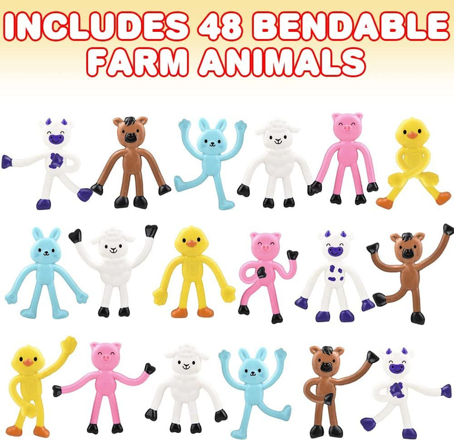 Mini Bendable Farm Animal Toys, Set of 48, Barnyard Animal Toys for Kids in 6 Designs, Portable Stress Relief Toys for Kids, Barn Birthday Party Favors for Kids and Pinata Stuffers