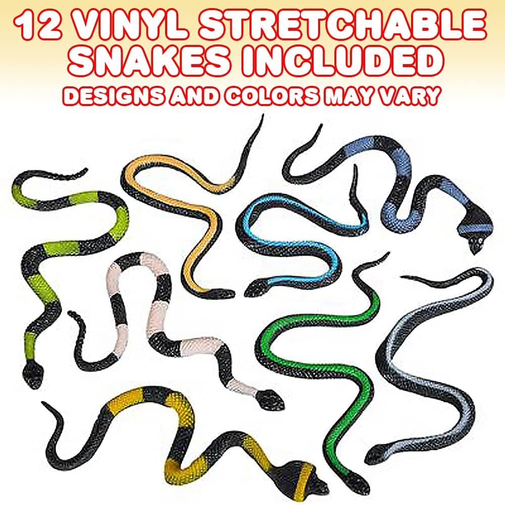 Vinyl Stretch Toy Snakes, Pack of 12, Stress Relief Fidget Sensory Toys for Kids, Real Look Scales, Reptile Birthday Party Favors, Fake Prank Prop, Goodie Bag Fillers for Boys and Girls