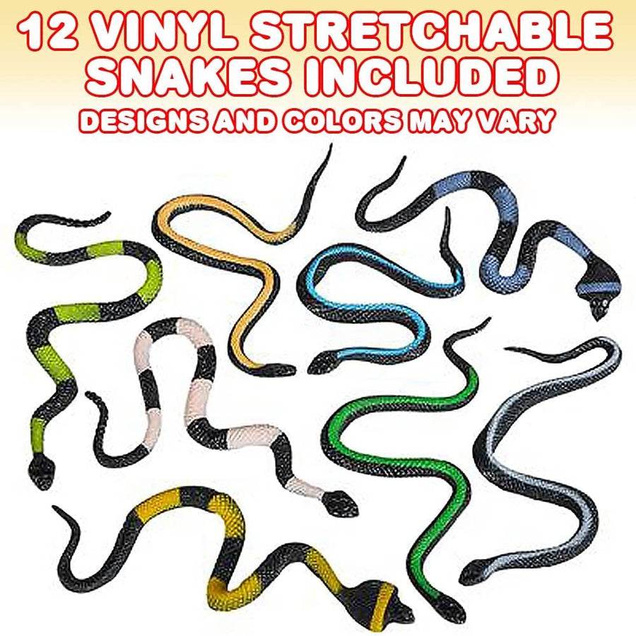 Vinyl Stretch Toy Snakes, Pack of 12, Stress Relief Fidget Sensory Toys for Kids, Real Look Scales, Reptile Birthday Party Favors, Fake Prank Prop, Goodie Bag Fillers for Boys and Girls