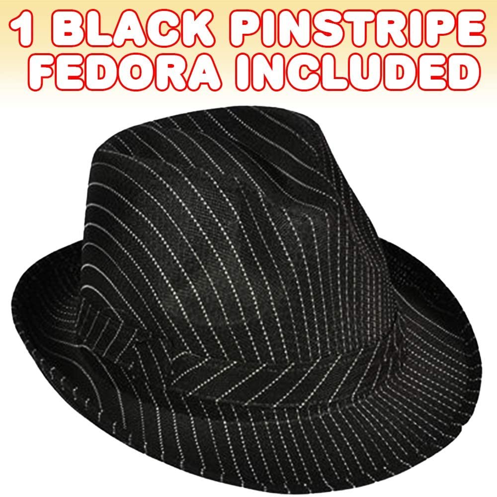 ArtCreativity Pinstripe Fedora for Kids and Adults, Stylish Black Fedora with White Stripes, Dress-Up Accessories for Pretend Play, Cool Halloween Costume Prop, Classic Fedora for All-Year Wear