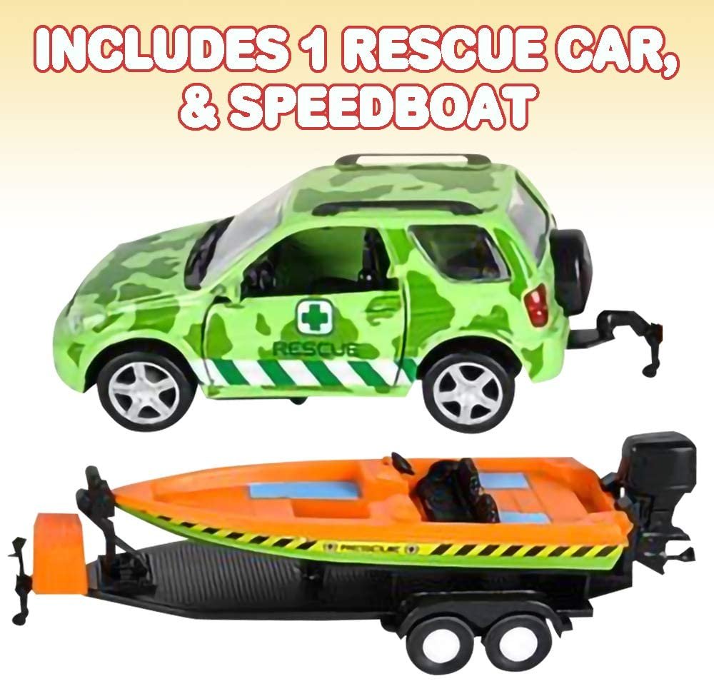 SUV Toy Car with Trailer and Speedboat Playset for Kids, Interactive Jungle Play Set with Detachable Speed Boat and Opening Doors on 4 x 4 Toy Truck, Best Birthday Gift for Boys & Girls