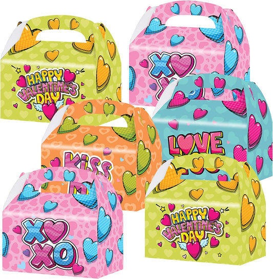 ArtCreativity Valentines Day Treat Boxes, Set of 12, Cardboard Paper Valentines Candy Boxes with Carry Handles, Themed Party Favor Boxes, Valentines Goodie Bags for Sweets, Toys, Gifts, and More