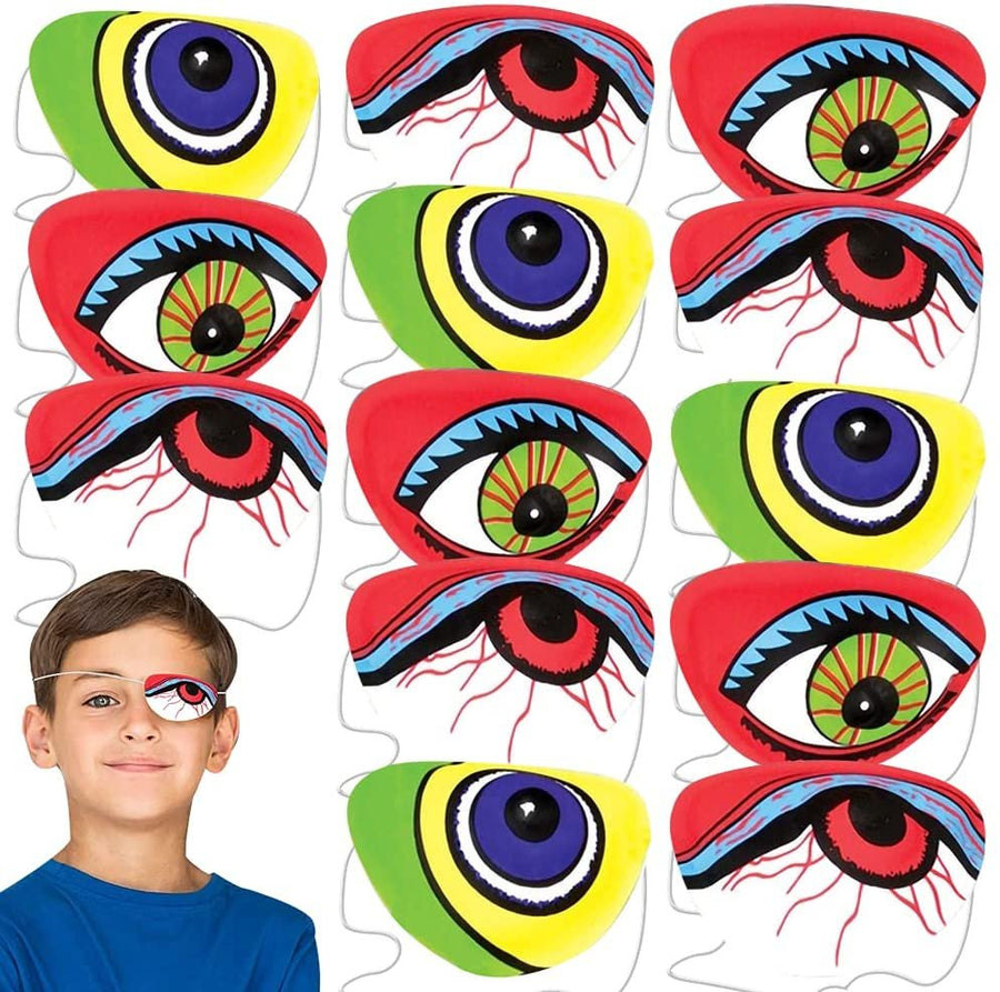 Crazy Eyes Eye Patches, Set of 12, Plastic Eye Patches for Kids and-Adults-in a Variety of Assorted Designs, Pirate-Costume-Accessories, Halloween Party Favors, and Photo Booth Props