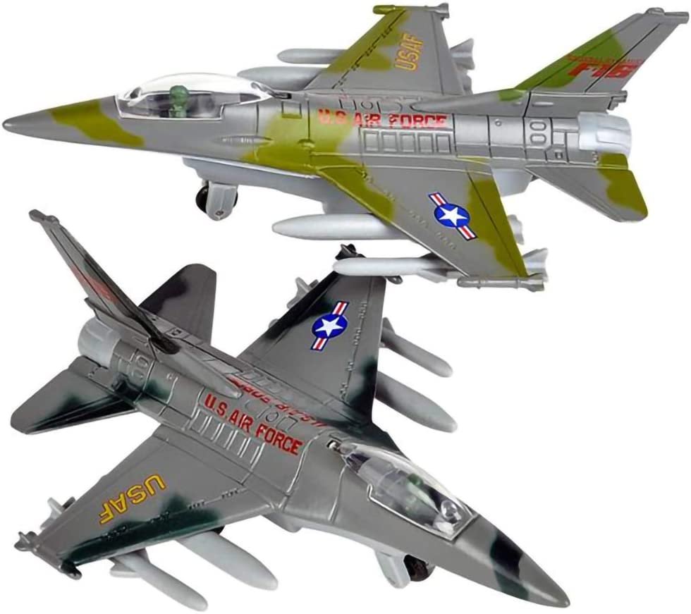 Diecast F-16 Fighting Falcon Jets with Pullback Mechanism, Set of 2, Diecast Metal Jet Plane Fighter Toys for Boys, Air Force Military Cake Decorations, Aviation Party Favors