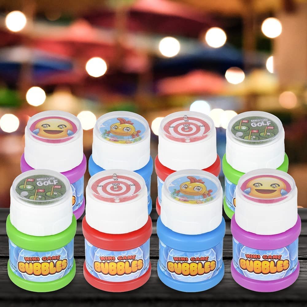 Mini Game Bubble Bottles , Set of 8, Kids Bubble Toys with Mini Game on Cap and Wand Inside, Bubble Maker Bottles for Indoor and Outdoor Play, Goodie Bag Fillers and Stocking Stuffers