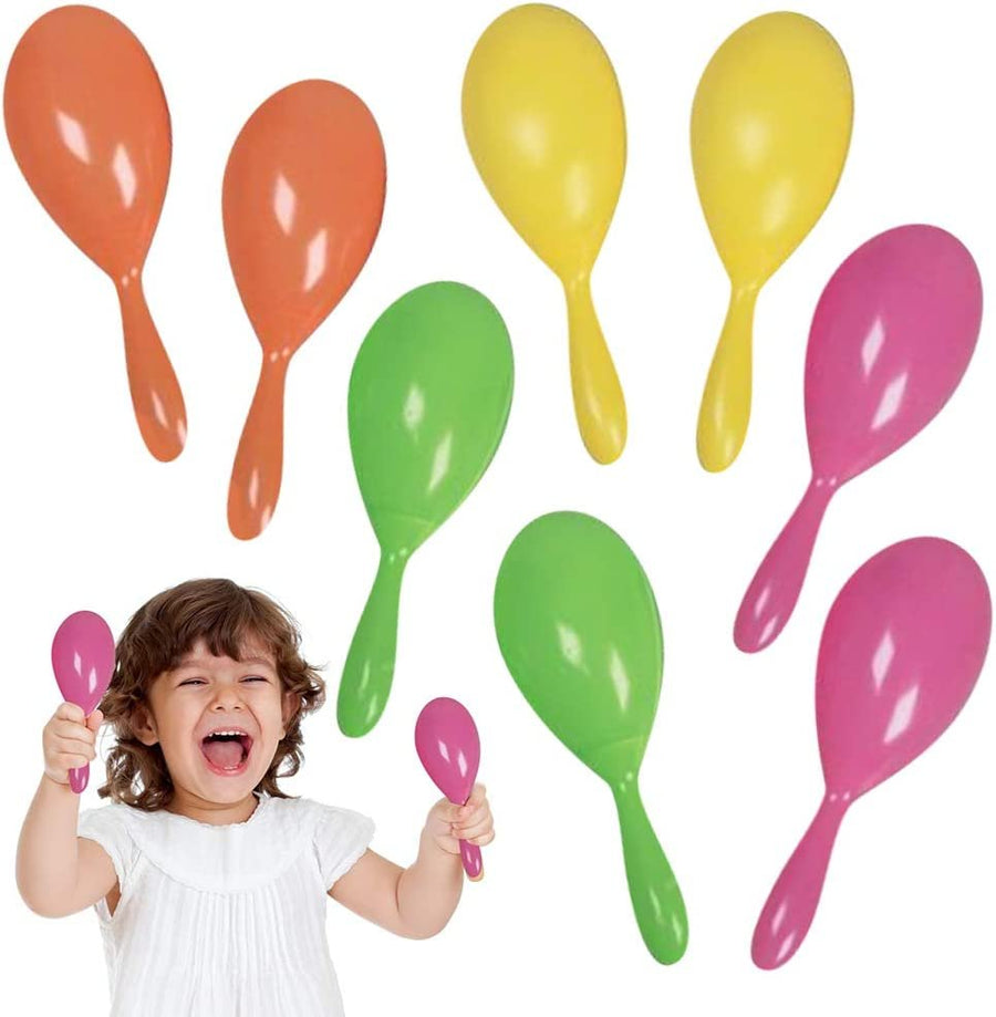 7.5" Plastic Maracas for Kids, 4 Pairs, Neon Music Hand Shakers, Fun Noise Makers and Toy Musical Instruments, Birthday Party Favors, Fiesta Decorations, Goodie Bag Fillers