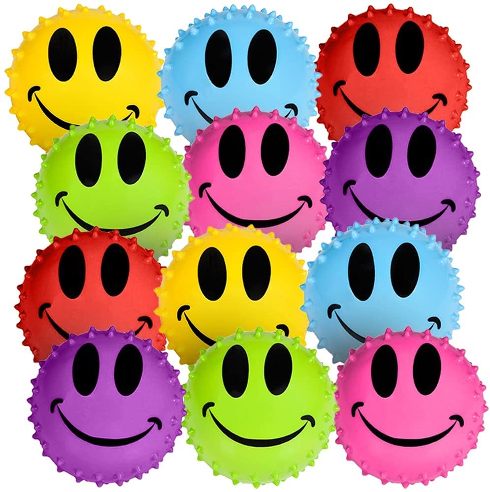 Inflated Smile Face Knobby Balls, Set of 12, Fidget Sensory Toys for Kids, 2.5" Spiky Sensory Bouncing Balls in Assorted Colors, Birthday Party Favors, Treasure Box Prizes