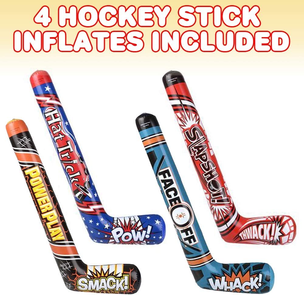 ArtCreativity Hockey Stick Inflates, Set of 4, Inflatable Hockey Party Decorations, Fun Assorted Designs, Sports Birthday Party Favors, Unique Pool Toys for Kids, Cool Boys’ Room Decor