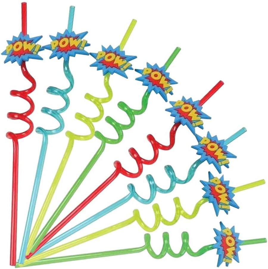 Superhero Straws for Kids, Set of 8, Curly Drinking Straws with Rubber Superhero Charms, Superhero Party Supplies, Favors, and Decorations, 4 Assorted Vibrant Colors