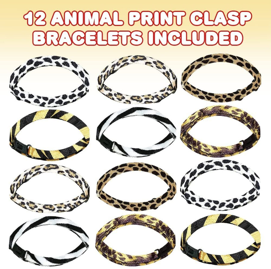 Animal Print Bracelets, Set of 12, Novelty Bracelets with Plastic Buckle Strap - Fashionable Party Favor, Carnival Prize, Party Bag Stuffers, Great Gift for Boys and Girls