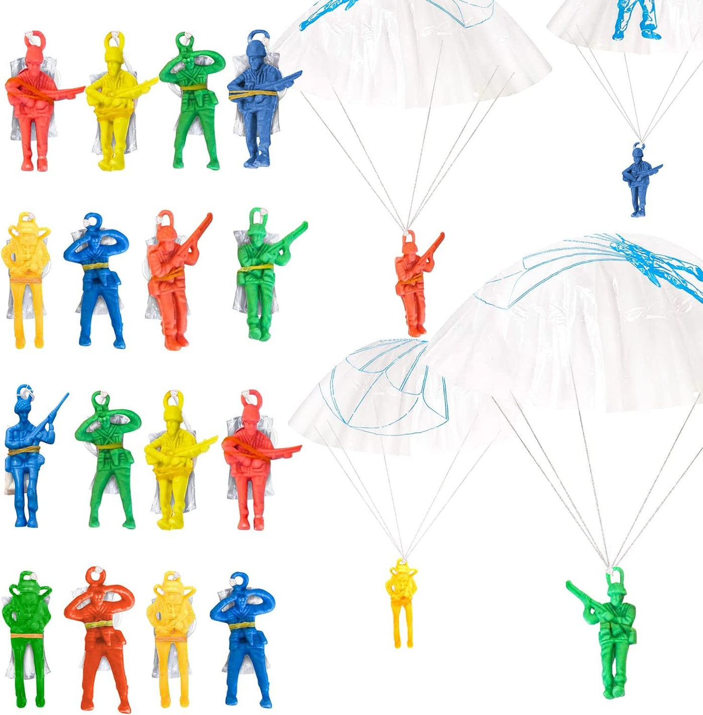 Mini Paratroopers with Parachutes, Bulk Pack of 36, Vinyl Parachute Men Toy in Assorted Colors, Durable Plastic Army Guys Playset, Fun Parachute Party Favors, for Boys and Girls