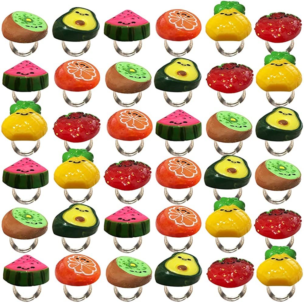 Fruit Rings for Kids, Set of 48, Adorable Jewelry for Little Girls and Boys, Plastic Rings in Fun Assorted Colors and Designs, Dress Up Accessories, Goodie Bag Fillers for Kids
