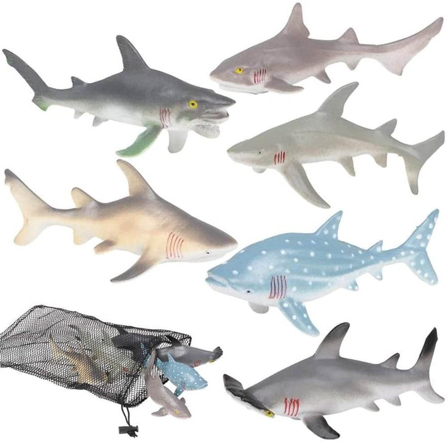 Shark Figures in Mesh Bag - Pack of 6 Sea Creature Figurines in Assorted Designs, Bath Water Toys for Kids, Shark Party Favors for Toddlers, Boys, and Girls, Ocean Life Party Decor