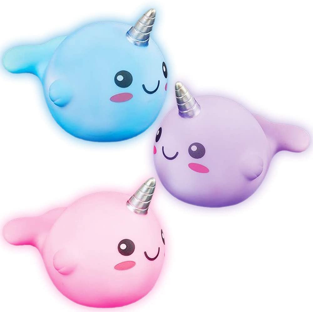 Light Up Narwhal Bath Toys for Kids, Set of 3, Cute Bathtub Toys with Fun LEDs, Bath Tub Toys for Boys and Girls, Cool Narwhal Birthday Party Favors, Goodie Bag Fillers for Children