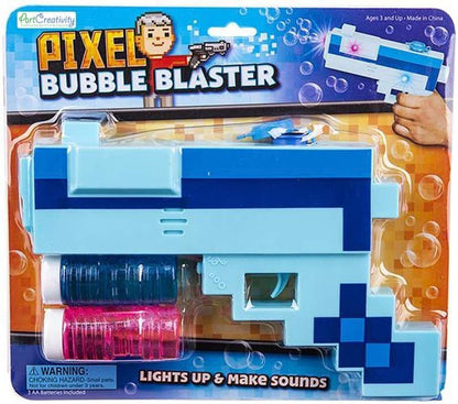 ArtCreativity Pixel Bubble Blaster Toy Gun with Light and Sound Effects, 2 Bottles of Bubble Solution and Batteries Included, Cute Light Up Pixel Bubble Blower for Boys and Girls, Best Gift Idea