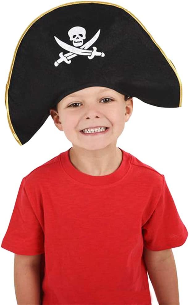 ArtCreativity Pirate Felt Hat for Kids, 1PC, Pirate Costume Hat with Skull and Cross Sword Design, Pirate Costume Prop for Halloween, Dress Up Parties, and Photo Booth, Black, White, and Gold