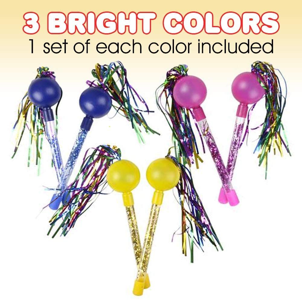 Tinsel Maracas for Kids, 3 Pairs, Plastic Music Hand Shakers, Fun Music Toys for Children, Colorful Noisemakers for Parties and Sports Events, Birthday Party Favors, Pink, Yellow, Blue