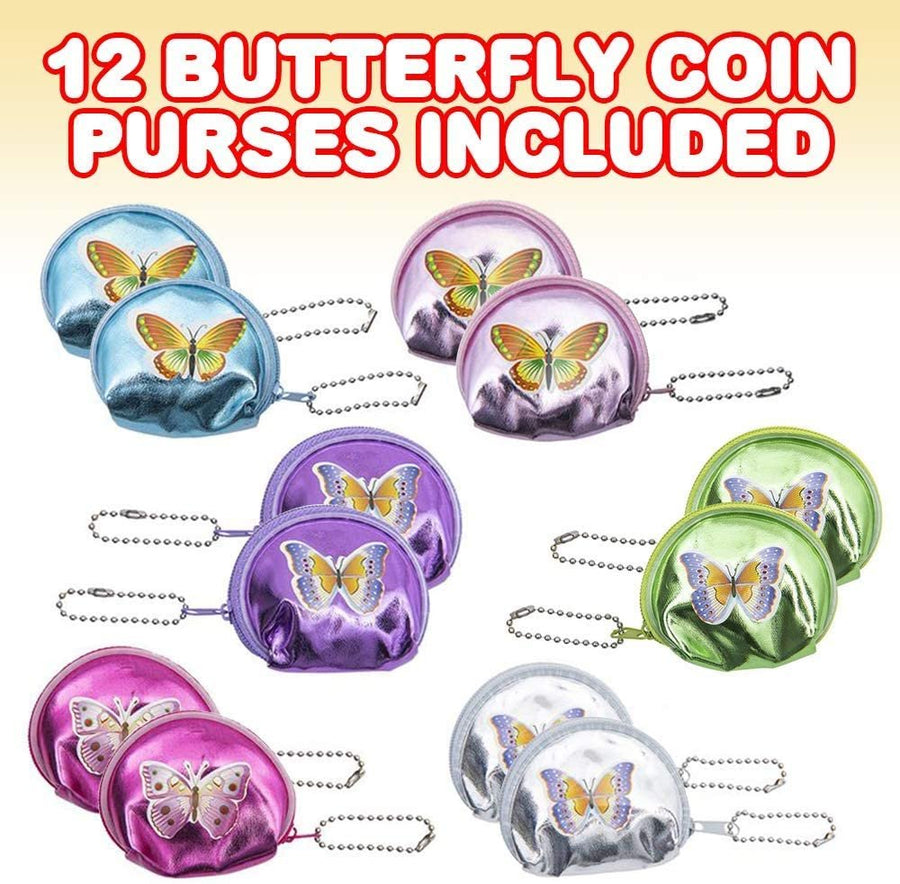 Butterfly Coin Purses, Set of 12, Small Zipper Coin Bags for Girls with Keychain Hooks, Cute Birthday Party Favors for Kids, Classroom Teacher Rewards, Goodie Bag Fillers, 6 Colors