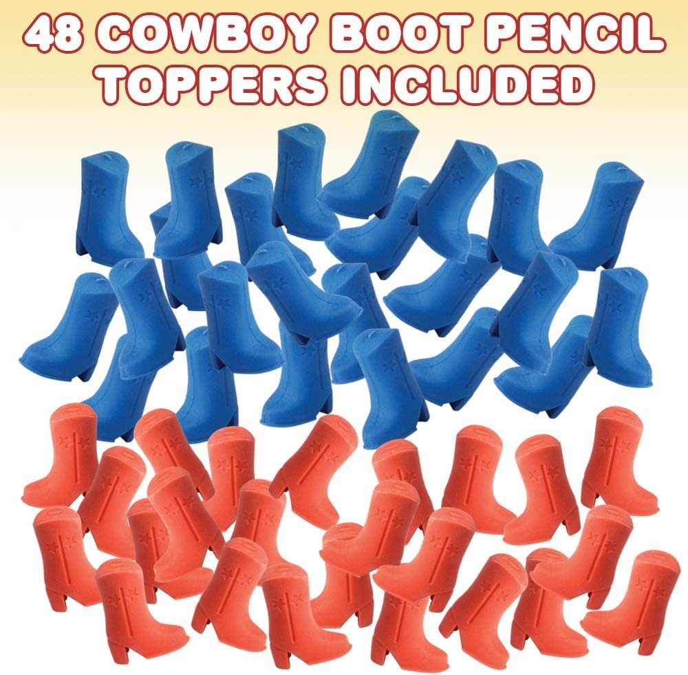 ArtCreativity Cowboy Boot Topper Erasers, 48 Pcs, Colorful Eraser Caps Toppers, Classroom Prize, Teacher Rewards, Stationery Birthday Party Favors, Goody Bag Stuffers for Boys and Girls