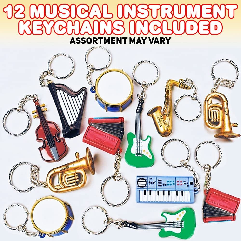 Musical Instrument Keychains, Set of 12, Plastic Keychains with Assorted Instrument Designs, Music Gifts for Kids and Adults, Music Party Favors and Good Behavior Incentives