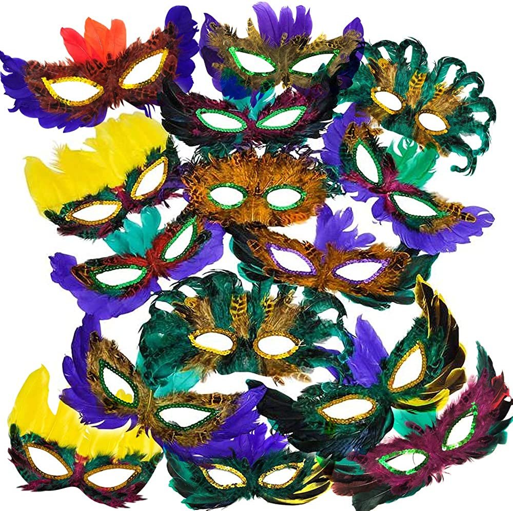 Assorted Feather Mardi Gras Masks, Bulk Pack of 25, Feathered Masquerade Mardi Gras Party Favors, Supplies, and Decorations, Masquerade Costume Party Accessories for Kids and Adults