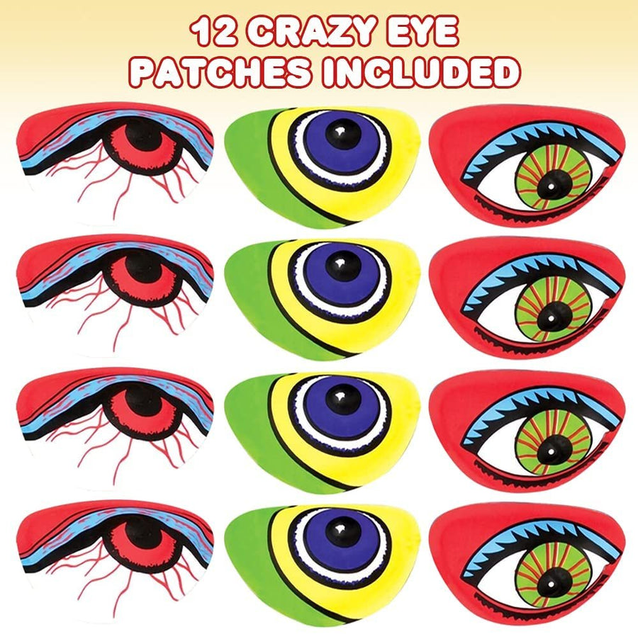 Crazy Eyes Eye Patches, Set of 12, Plastic Eye Patches for Kids and-Adults-in a Variety of Assorted Designs, Pirate-Costume-Accessories, Halloween Party Favors, and Photo Booth Props