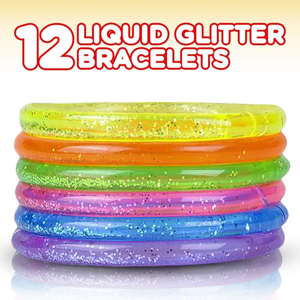 6” Liquid Glitter Bracelets - Pack of 12 - Assorted Bright Neon Colors - Fashionably Fun Party Favor and Collection - Amazing Gift Idea for Women, Boys and Girls