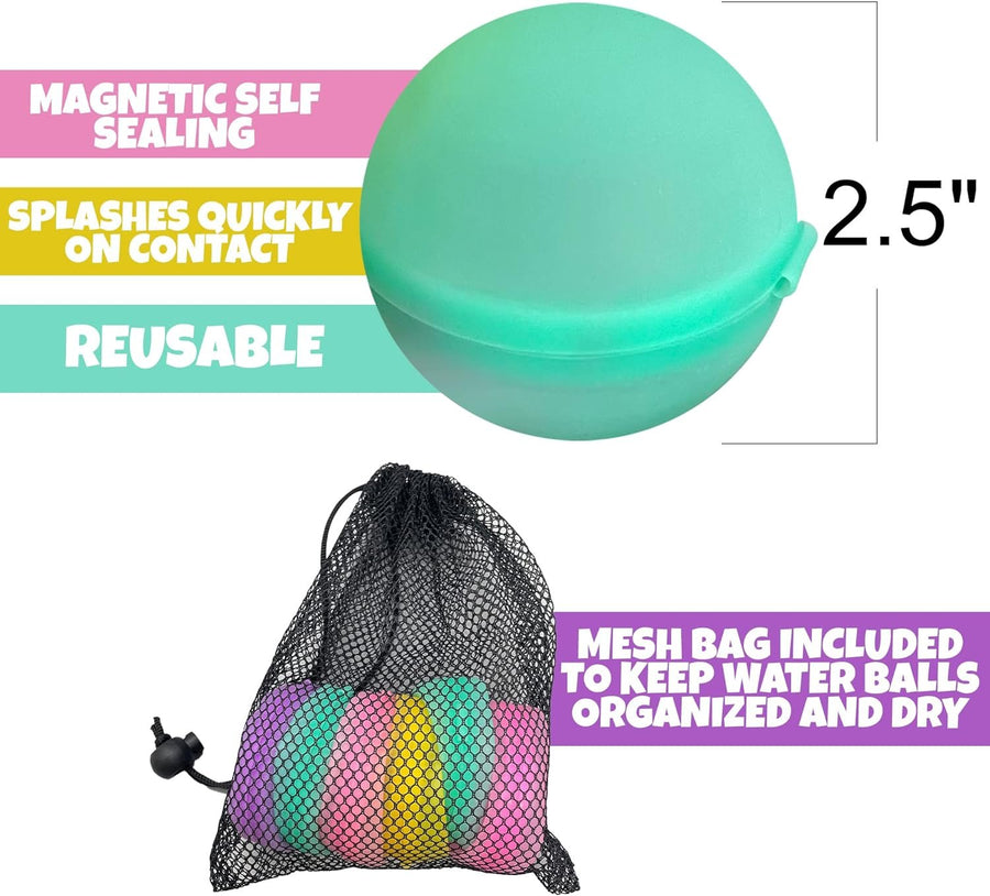 Reusable Water Balloons for Kids, Set of 6 Self Sealing Water Splash Balls & Mesh Carry Bag, Silicone Water Balloons with Magnetic Closure, Summer Pool Water Games for Kids & Adults