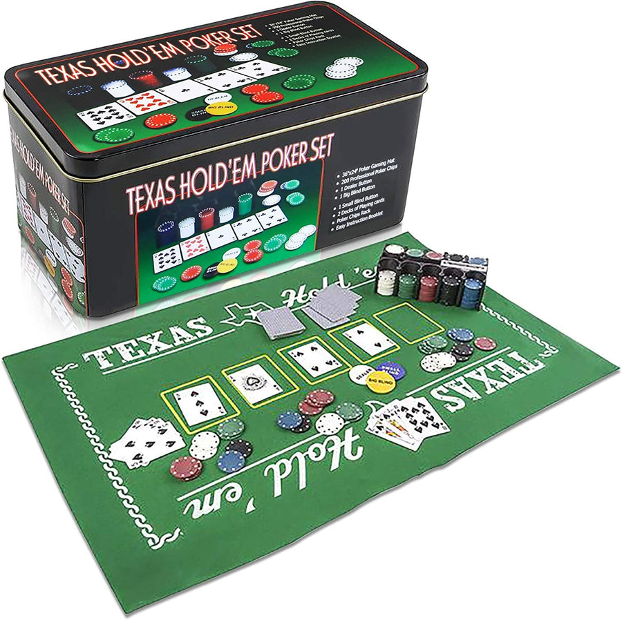 Gamie Texas Holdem Poker Game Set - Includes Hold’em Mat, 2 Card Decks, Chips, Chip Holder and Tin Storage Box - Fun Game Night Supplies - Cool Casino Gift for Kids and Adults