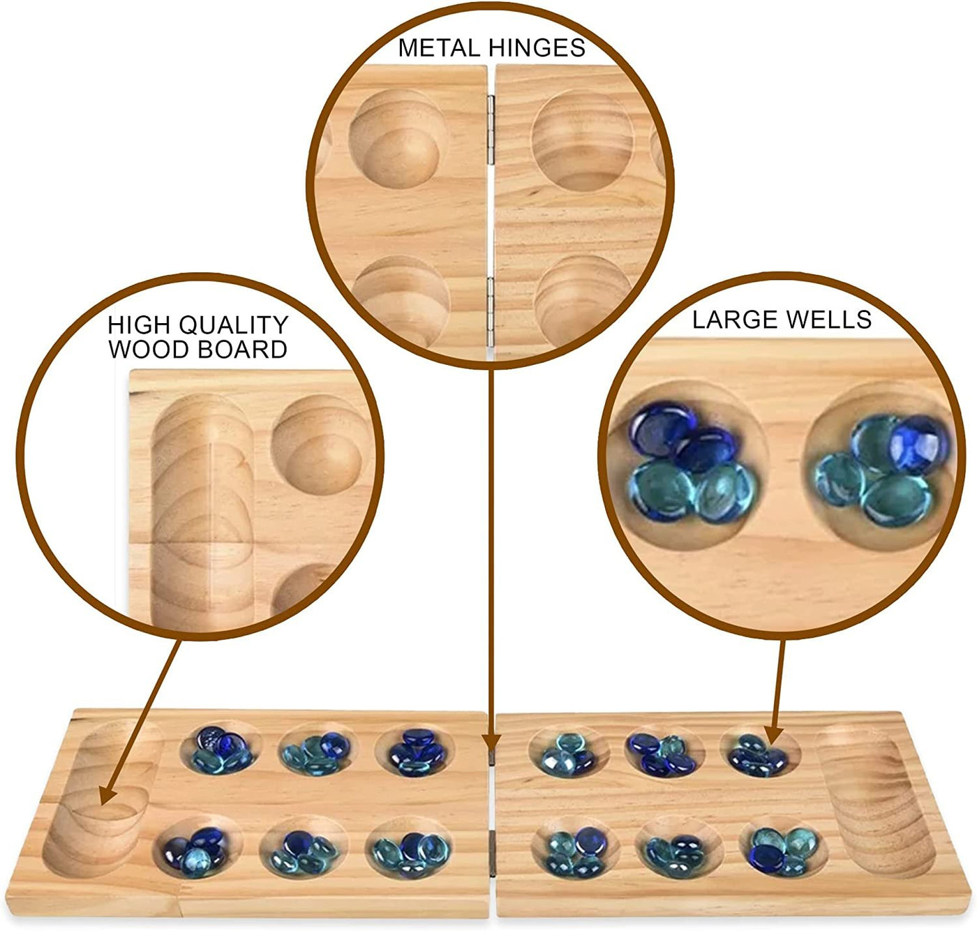 Gamie Wooden Mancala Board Game Set - Foldable Mancala with 48 Color Stones - Classic 2 Player Games for Adults and Kids with Instructions - Travel Board Games for Road Trips or Long Flights